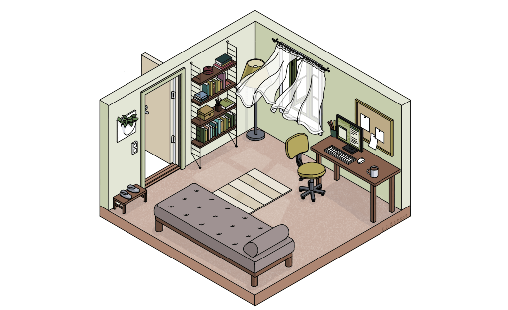 Bildebeskrivelse: tegning av et rom med et skrivebord og kontorstol, en bokhylle og en divan. Vindu og dør står åpen og gardinene blafrer. 